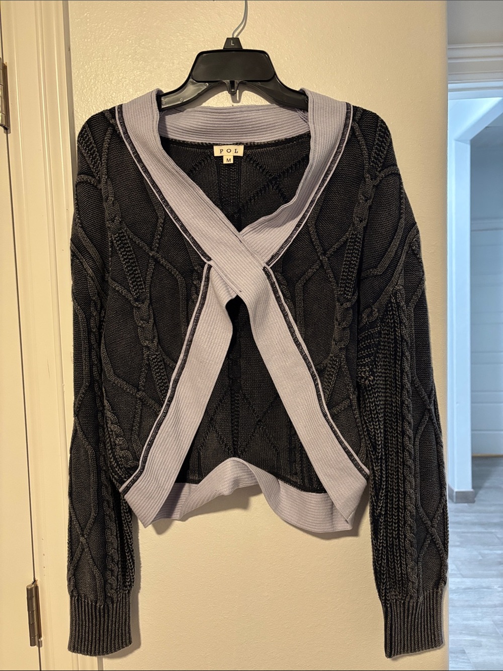 POL Black Cable-Knit Sweater with Light Gray Trim